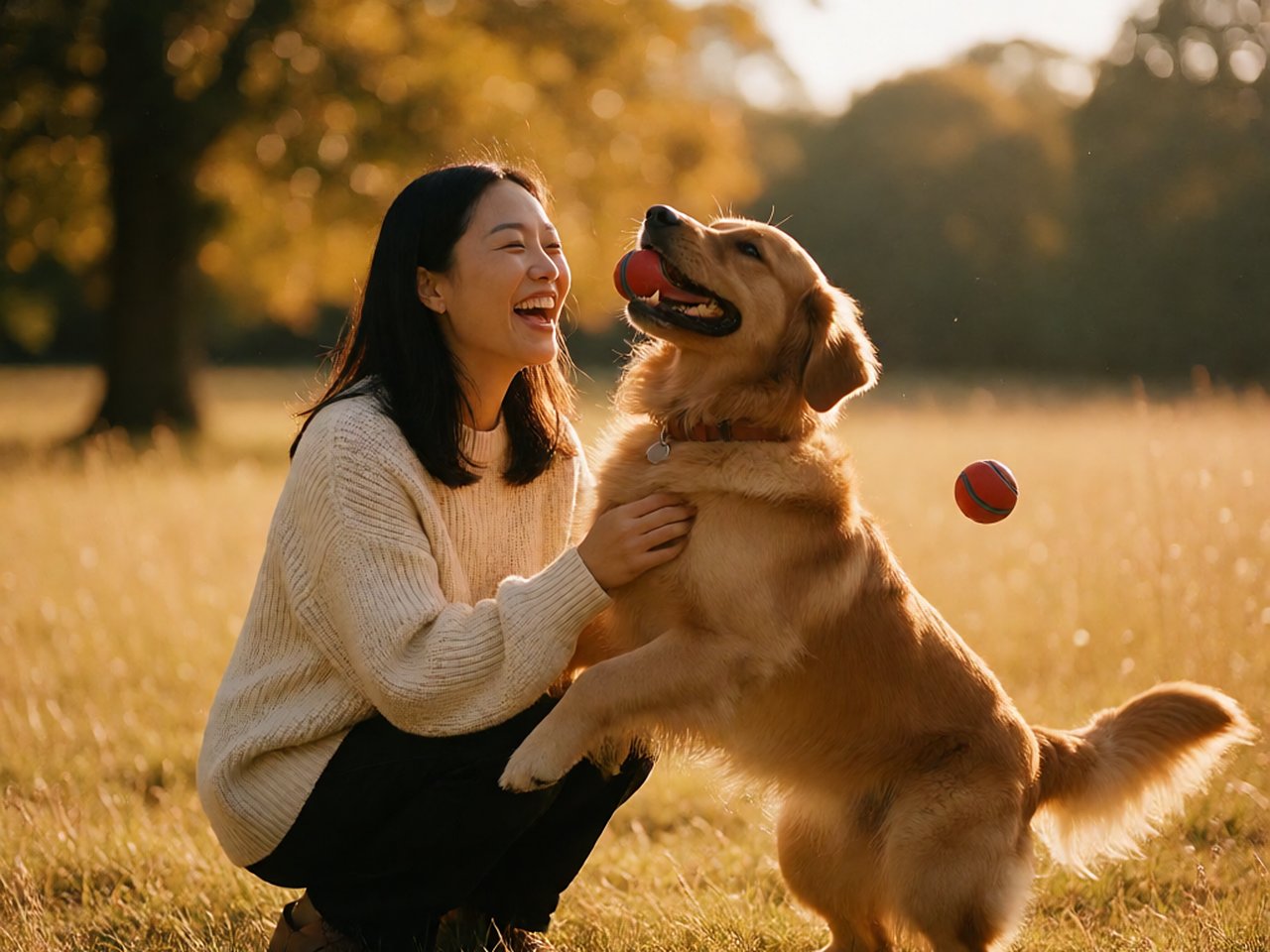 A woman laughing with her dog catching a ball outdoors