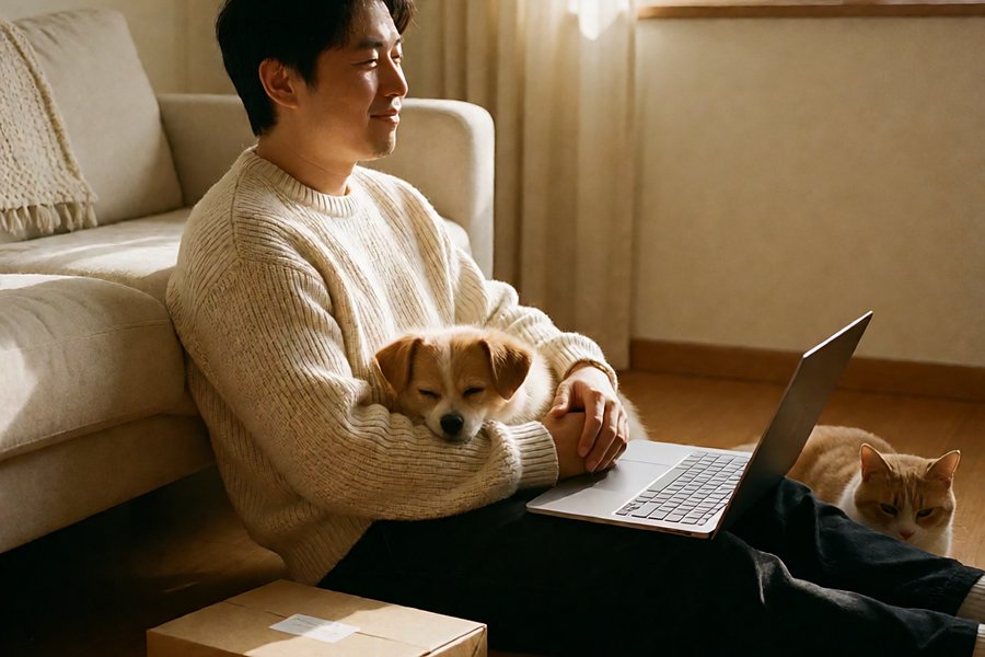 A person and their pets at home
